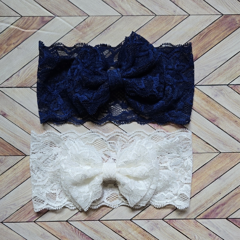 Lace Bowknot Navy Blue White Baby Girl Headbands Elastic Bow Headwrap Hairbands